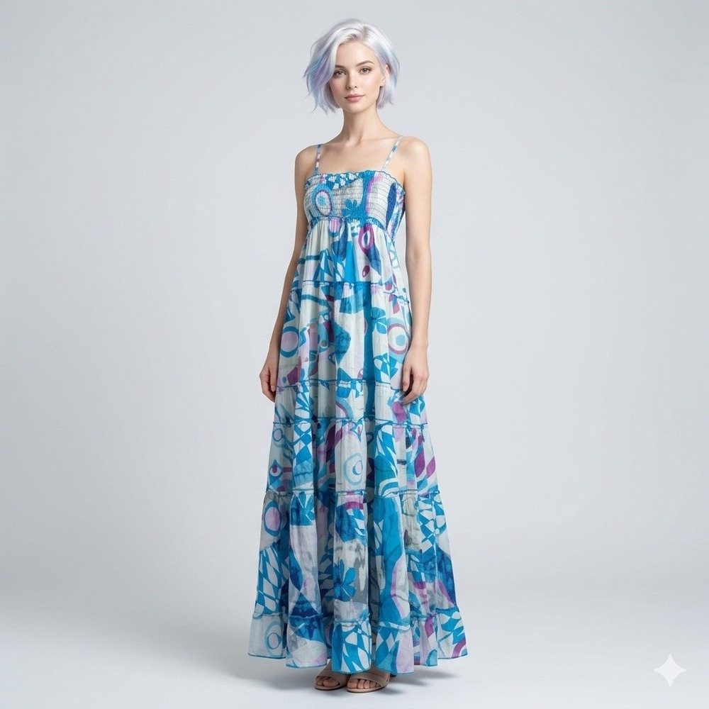 Chaudry KC Womens Blue Purple Hand Dyed Smocked Tiered Maxi Dress Large NWT